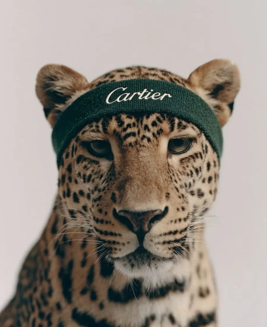 Leopardo com uma faixa de testa verde, olhando para a câmera.