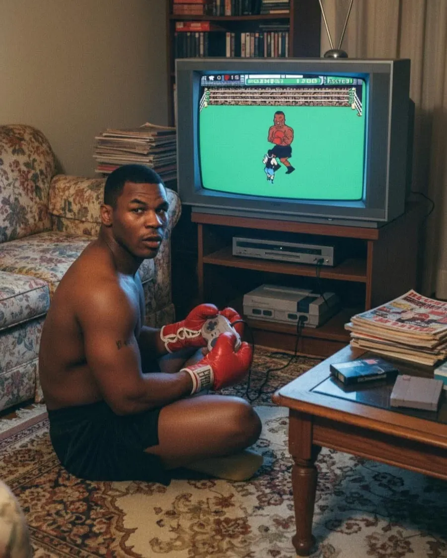 Boxeador sem camisa, de luvas, sentado no tapete da sala jogando um videogame de boxe numa TV de tubo.