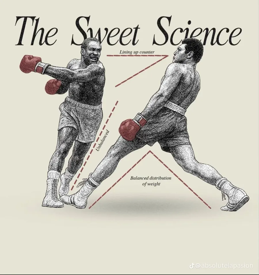 Ilustração em pontilhado de dois boxeadores em combate, com o título The Sweet Science e anotações sobre equilíbrio e distribuição do peso.